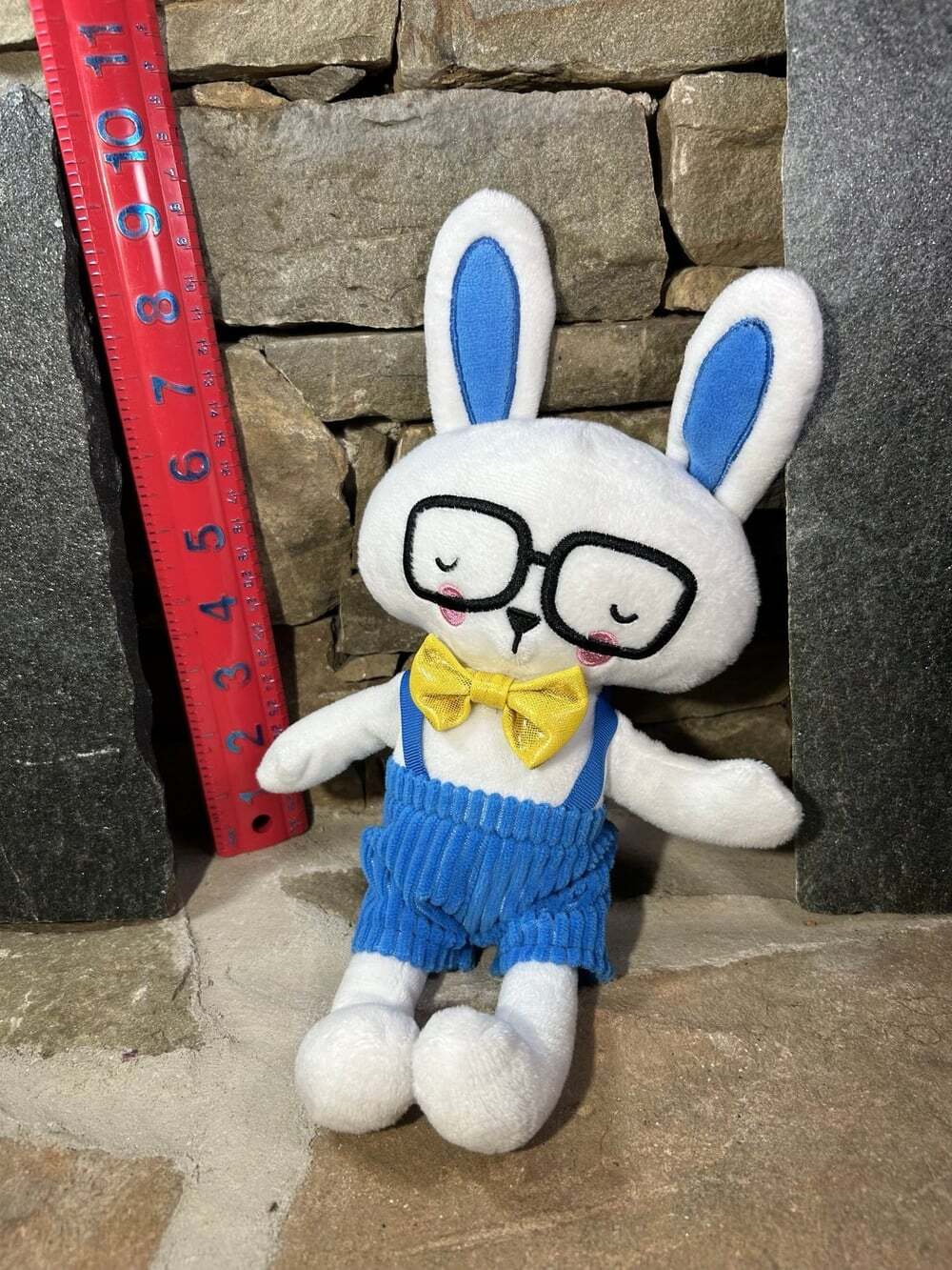 Happy Go Fluffy White Easter Bunny Rabbit Plush blue overalls Walgreens 11”